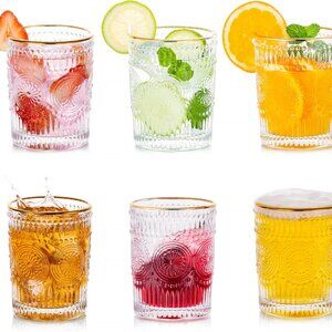 Water Glasses Drinking Cups Set, Vintage Crystal Glassware Sets of 6, Gold Rim D